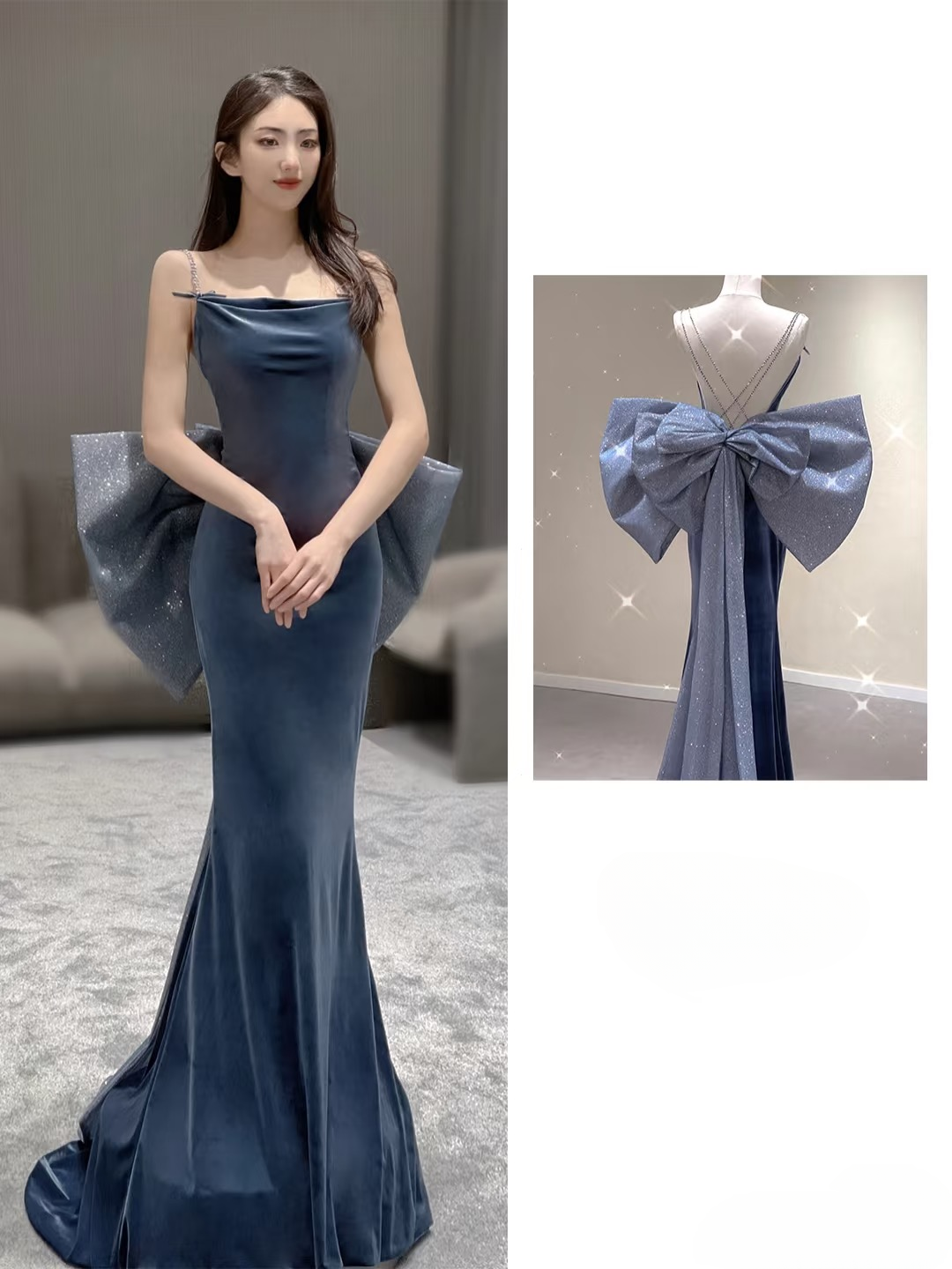Robe de bal longue à paillettes bleu marine, style sirène, bretelles spaghetti, intemporelle, tenue de soirée, d'anniversaire, de remise de diplôme, AU162