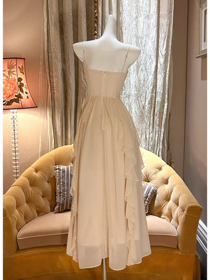 Modest a line spaghetti straps champagne chiffon prom dress formal party dresses AU163