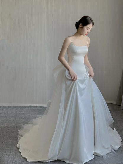 Dream Mermaid Spaghetti Straps Sleeveless Satin White Wedding Dress Fairy Formal Brides Gown Wedding Dresses AU165