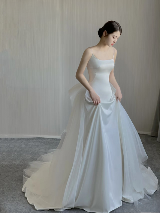 Dream Mermaid Spaghetti Straps Sleeveless Satin White Wedding Dress Fairy Formal Brides Gown Wedding Dresses AU165