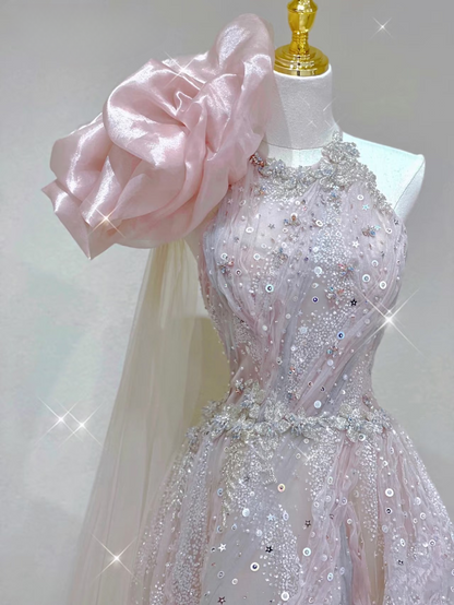 Sparkle Ball Gown Scoop Neckline Pink Sequin Long Prom Dresses Party Dress Birthday Outfits Graduation Dress AU166