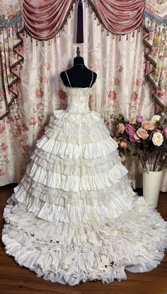 Retro Ball Gown Spaghetti Strap Ivory 70s Fitted Corset Bride Gown Long Wedding Dresses Bride Dress AU167