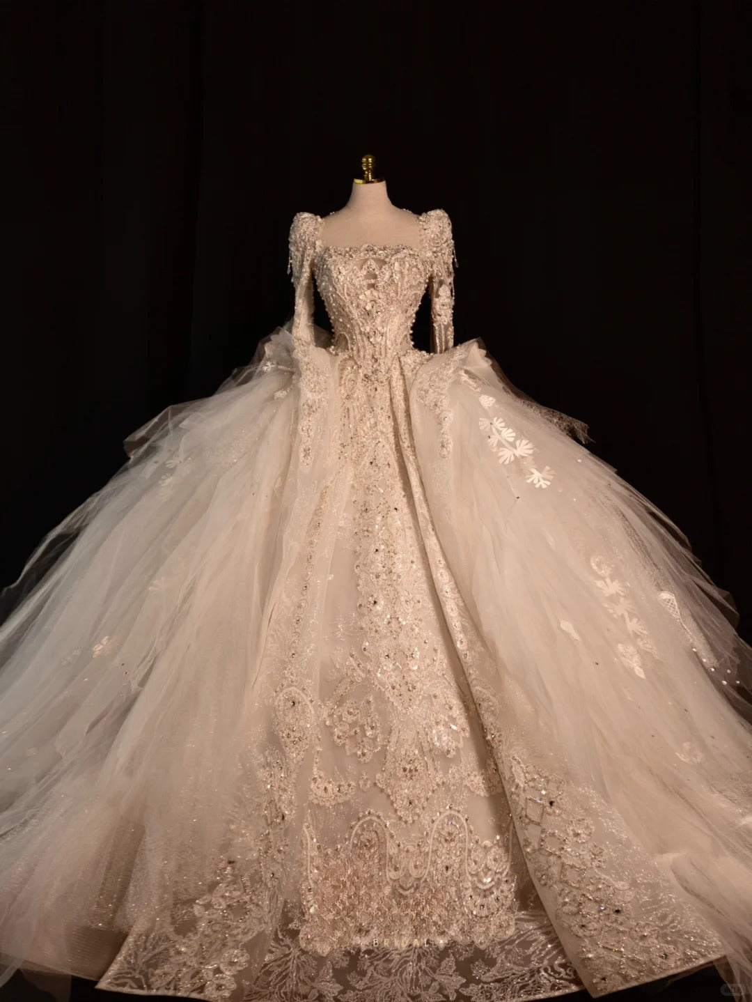 Fairy-tale Ball Gown Square Neck With Long Sleeves Pearls Tulle Brides Gown Bridal Dress Wedding Dresses Style RB6617