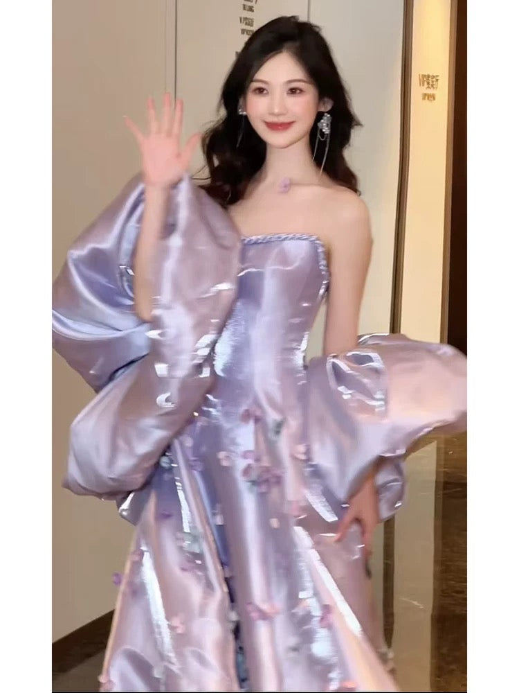 Robe de bal élégante sans bretelles en satin lilas, longue, robe de soirée unique, robe de remise de diplôme, AU174