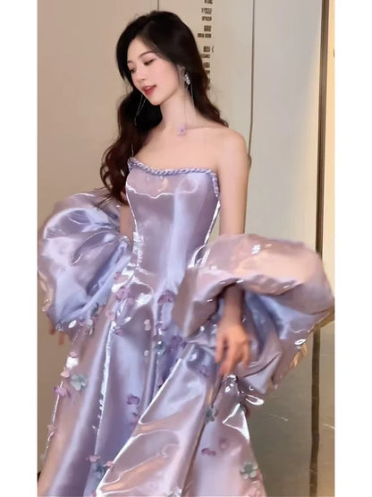 Robe de bal élégante sans bretelles en satin lilas, longue, robe de soirée unique, robe de remise de diplôme, AU174