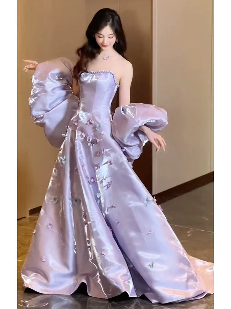 Robe de bal élégante sans bretelles en satin lilas, longue, robe de soirée unique, robe de remise de diplôme, AU174