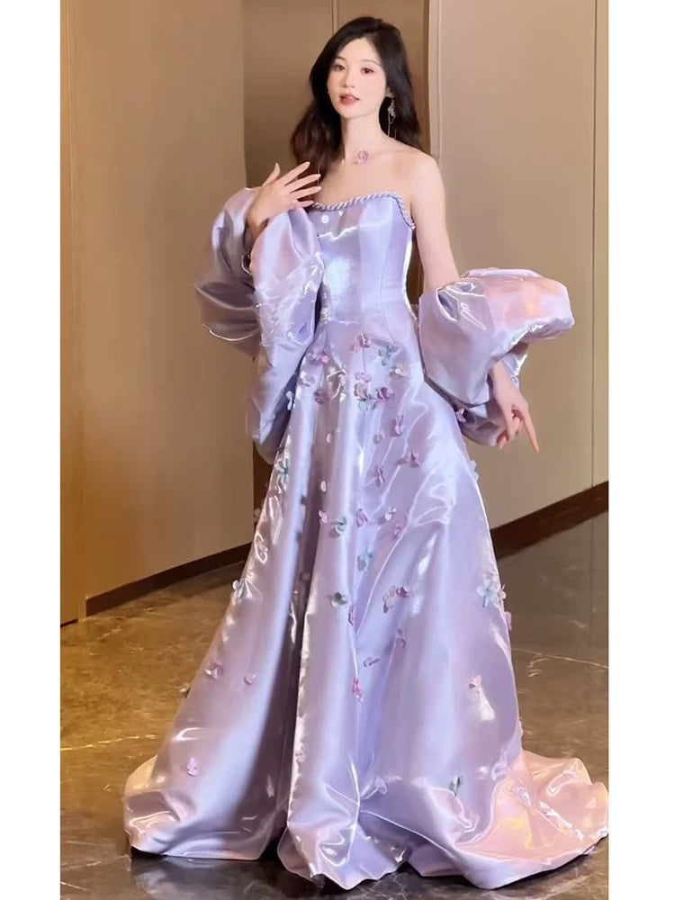 Robe de bal élégante sans bretelles en satin lilas, longue, robe de soirée unique, robe de remise de diplôme, AU174