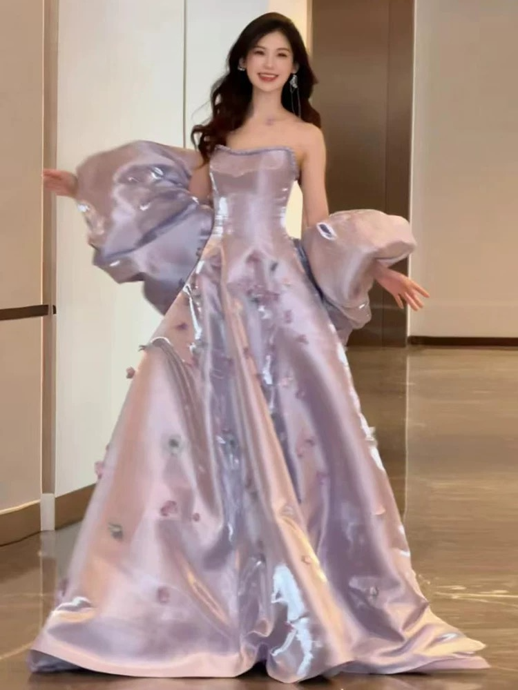 Robe de bal élégante sans bretelles en satin lilas, longue, robe de soirée unique, robe de remise de diplôme, AU174