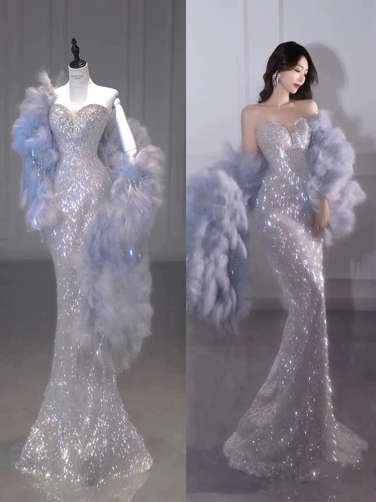 Sexy Mermaid Sweetheart Silver Sequin Prom Dress Inspiration Long Party Formal Prom Dresses AU175