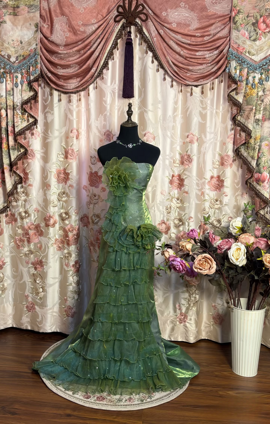 Robe de bal longue vintage sirène sans bretelles, en tulle vert à volants, style années 90, AU175