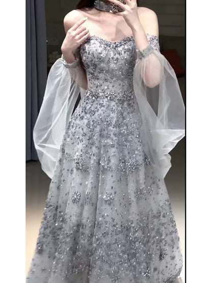Elegant Ball Gown Off The Shoulder Sequin Silver Gray Long Prom Dresses Party Formal Graduation Dress AU176