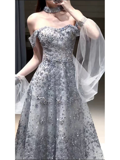 Elegant Ball Gown Off The Shoulder Sequin Silver Gray Long Prom Dresses Party Formal Graduation Dress AU176