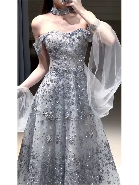 Elegant Ball Gown Off The Shoulder Sequin Silver Gray Long Prom Dresses Party Formal Graduation Dress AU176