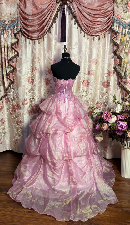 Robe de bal rétro bustier rose en organza, longue, style années 70/80, AU176