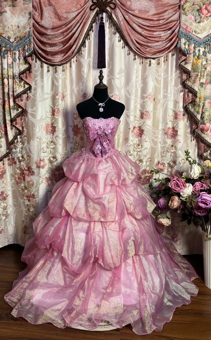 Robe de bal rétro bustier rose en organza, longue, style années 70/80, AU176