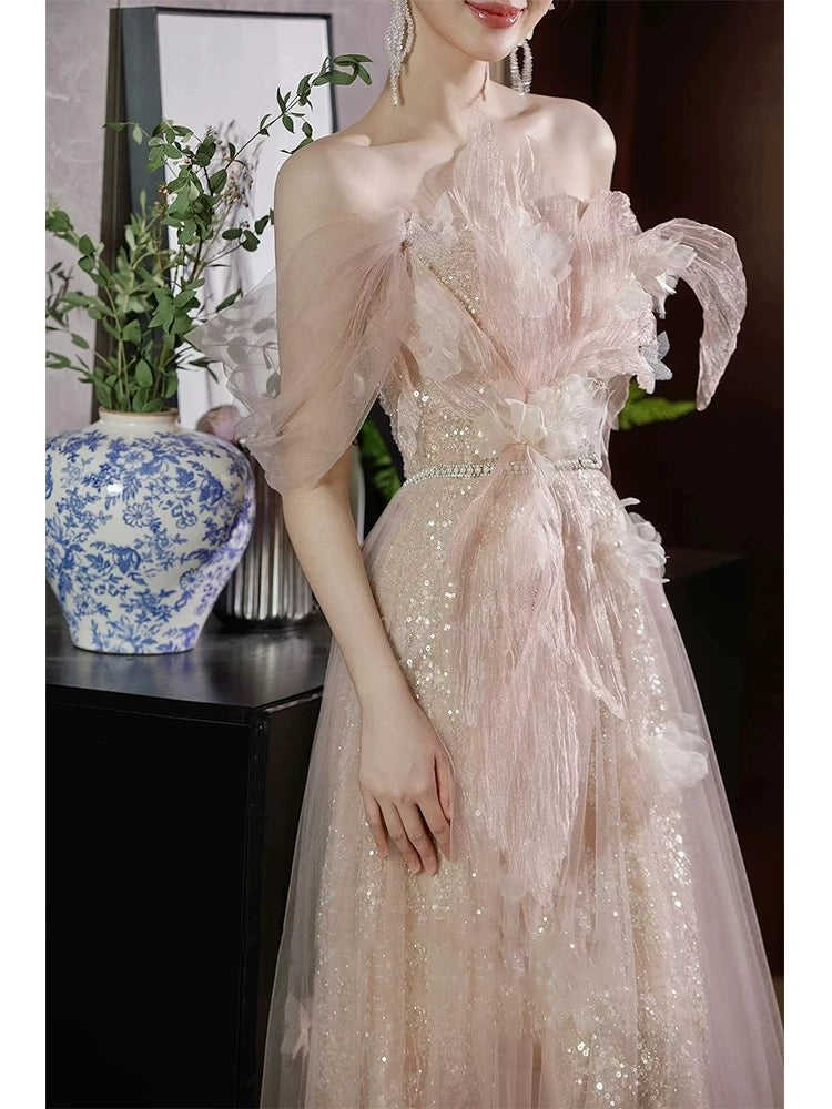 Elegant Ball Gown Off The Shoulder Sequin Blush Pink Long Prom Dresses Party Formal Graduation Dress AU177