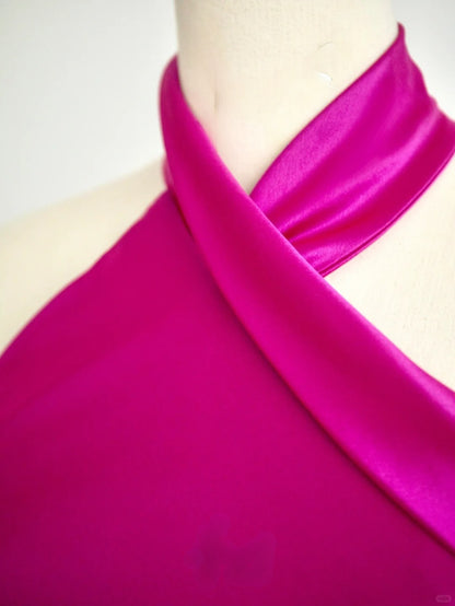 Pretty Mermaid Halter Neck Fuchsia Satin Prom Dresses Long Evening Party Formal Outfits RB6618