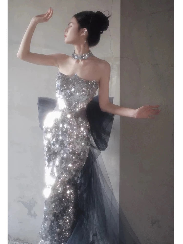 Elegant Mermaid Strapless Sleeveless Silver Gray Sequin Long Prom Dresses Party Formal Graduation Dress AU178