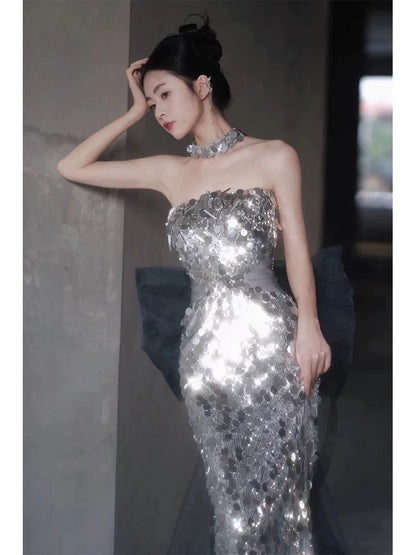 Elegant Mermaid Strapless Sleeveless Silver Gray Sequin Long Prom Dresses Party Formal Graduation Dress AU178
