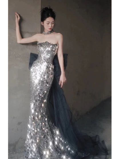 Elegant Mermaid Strapless Sleeveless Silver Gray Sequin Long Prom Dresses Party Formal Graduation Dress AU178