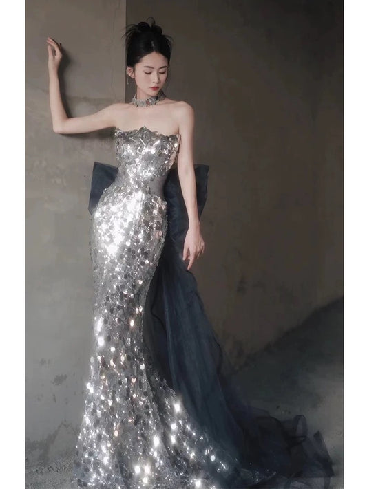 Elegant Mermaid Strapless Sleeveless Silver Gray Sequin Long Prom Dresses Party Formal Graduation Dress AU178