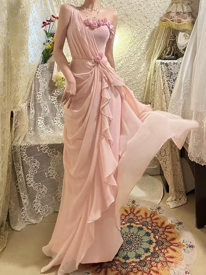 Robe de bal longue en mousseline rose, coupe trapèze, sans manches, asymétrique, épaule dénudée, AU178