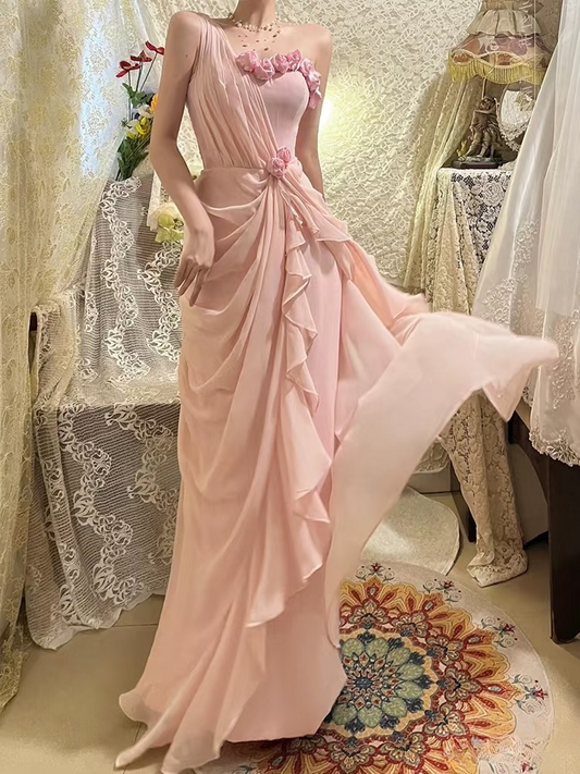 Elegantes, ärmelloses, einseitig schulterfreies, rosafarbenes Chiffon-Abendkleid in A-Linie, langes Abendkleid AU178