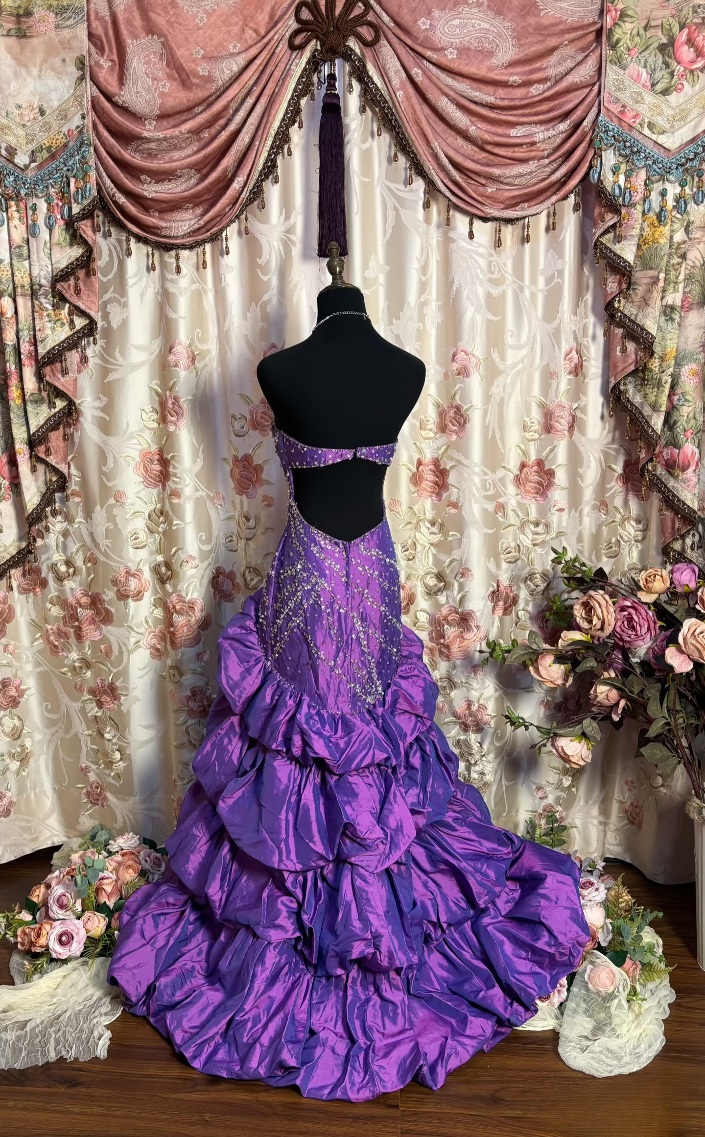 Robe de bal vintage bustier cœur raisin à volants, perles, sans manches, style années 90, robe de bal longue, AU180