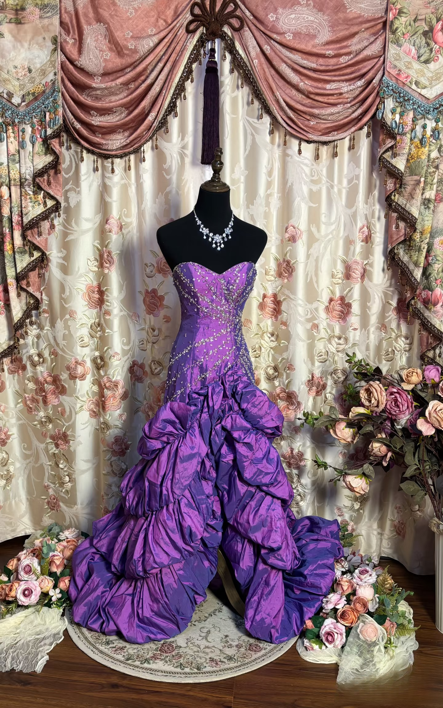 Robe de bal vintage bustier cœur raisin à volants, perles, sans manches, style années 90, robe de bal longue, AU180