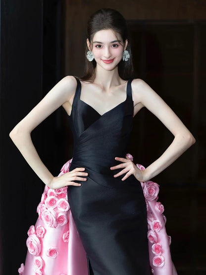 Sexy Meerjungfrau-Träger Schwarz Satin Lange Ballkleider Mit Rosa Blumen Partykleid Geburtstag Outfits Abschlusskleid AU181