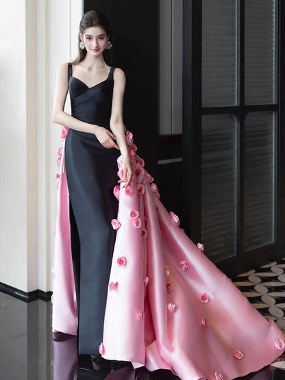 Sexy Meerjungfrau-Träger Schwarz Satin Lange Ballkleider Mit Rosa Blumen Partykleid Geburtstag Outfits Abschlusskleid AU181