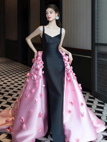 Sexy Meerjungfrau-Träger Schwarz Satin Lange Ballkleider Mit Rosa Blumen Partykleid Geburtstag Outfits Abschlusskleid AU181
