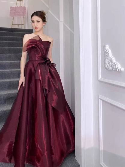 Robe de bal élégante sans bretelles, bordeaux, longueur au sol, idées d'inspiration, robe de remise de diplôme, AU184