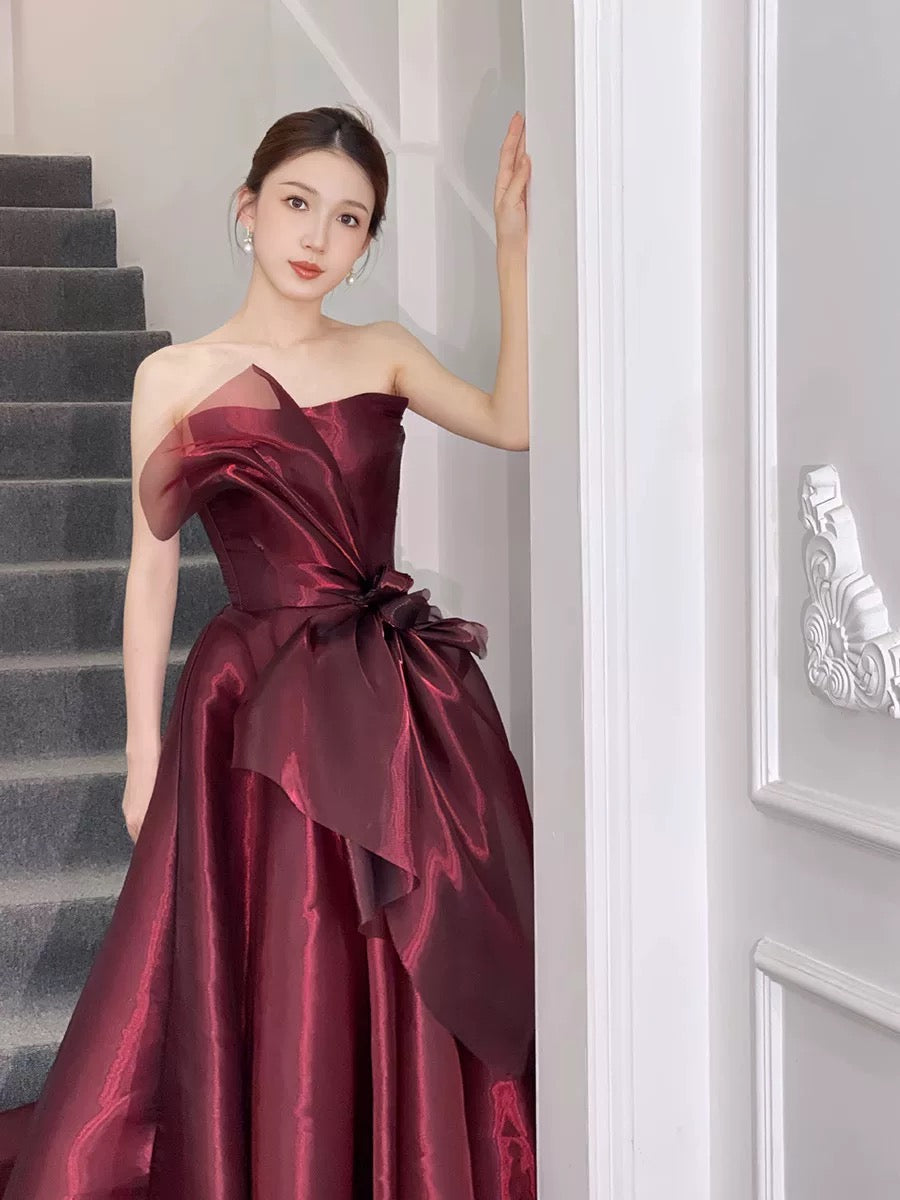 Robe de bal élégante sans bretelles, bordeaux, longueur au sol, idées d'inspiration, robe de remise de diplôme, AU184