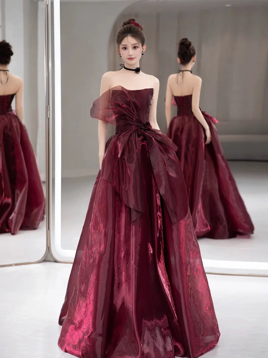 Robe de bal élégante sans bretelles, bordeaux, longueur au sol, idées d'inspiration, robe de remise de diplôme, AU184