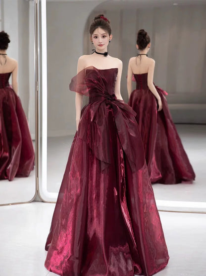 Robe de bal élégante sans bretelles, bordeaux, longueur au sol, idées d'inspiration, robe de remise de diplôme, AU184