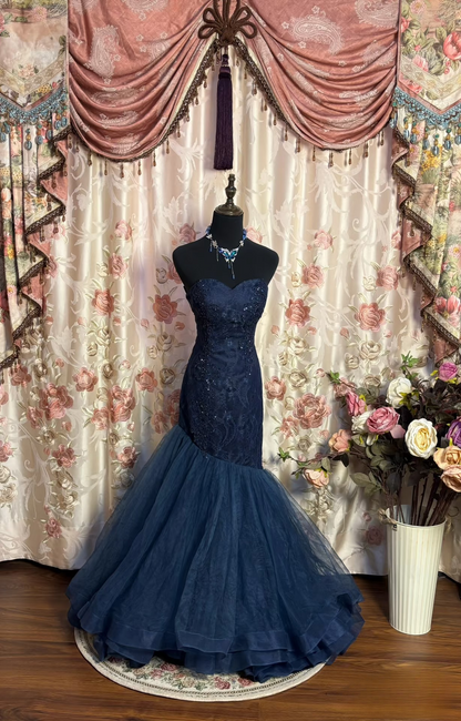 Robes de bal rétro sirène décolleté cœur, inspiration mode vintage, robes de bal longues en tulle bleu marine, robe de soirée, robes de bal AU184