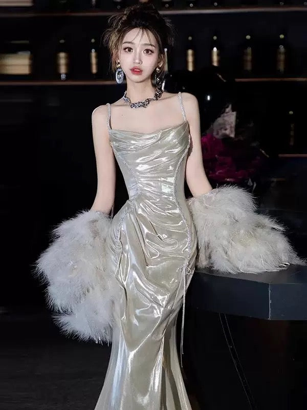 Robe de bal longue et sexy à bretelles spaghetti et paillettes, style sirène, avec perles, tenue de soirée, d'anniversaire, de remise de diplôme, AU186