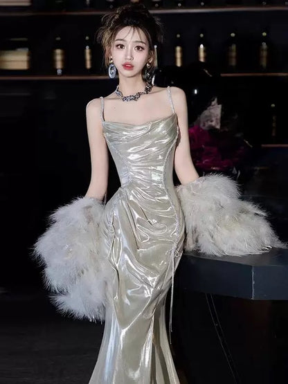 Robe de bal longue et sexy à bretelles spaghetti et paillettes, style sirène, avec perles, tenue de soirée, d'anniversaire, de remise de diplôme, AU186