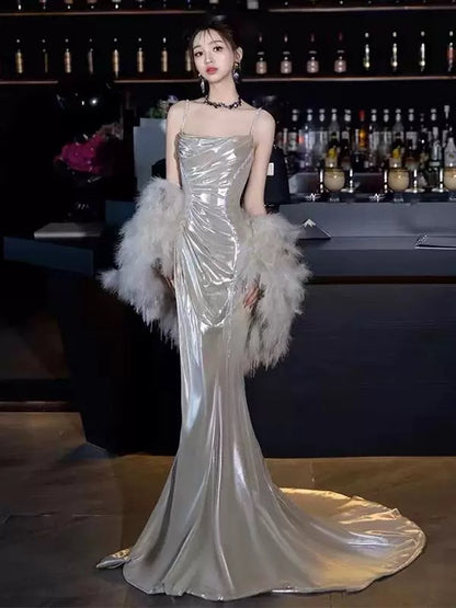 Robe de bal longue et sexy à bretelles spaghetti et paillettes, style sirène, avec perles, tenue de soirée, d'anniversaire, de remise de diplôme, AU186