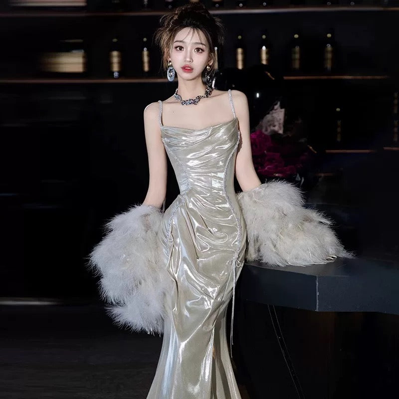 Robe de bal longue et sexy à bretelles spaghetti et paillettes, style sirène, avec perles, tenue de soirée, d'anniversaire, de remise de diplôme, AU186