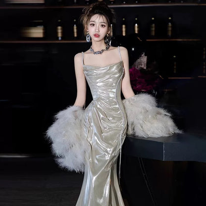Robe de bal longue et sexy à bretelles spaghetti et paillettes, style sirène, avec perles, tenue de soirée, d'anniversaire, de remise de diplôme, AU186