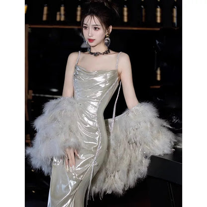 Robe de bal longue et sexy à bretelles spaghetti et paillettes, style sirène, avec perles, tenue de soirée, d'anniversaire, de remise de diplôme, AU186