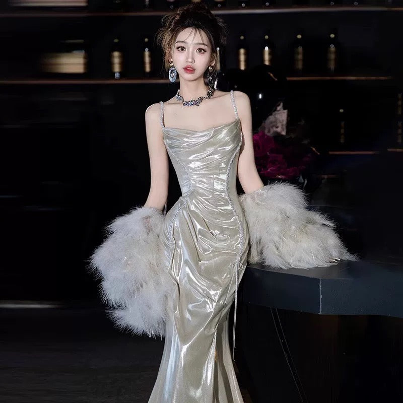Robe de bal longue et sexy à bretelles spaghetti et paillettes, style sirène, avec perles, tenue de soirée, d'anniversaire, de remise de diplôme, AU186