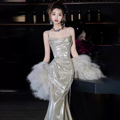 Robe de bal longue et sexy à bretelles spaghetti et paillettes, style sirène, avec perles, tenue de soirée, d'anniversaire, de remise de diplôme, AU186