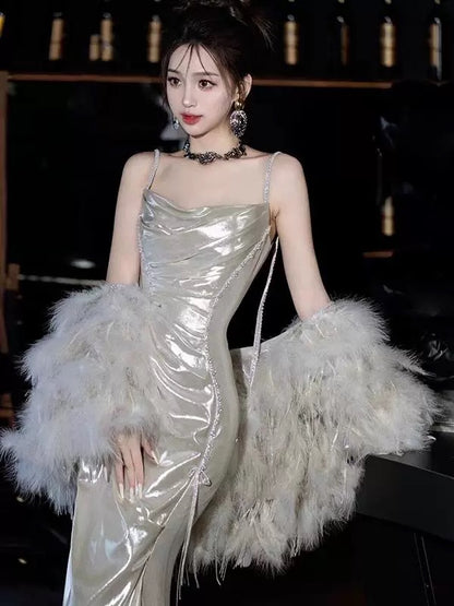 Robe de bal longue et sexy à bretelles spaghetti et paillettes, style sirène, avec perles, tenue de soirée, d'anniversaire, de remise de diplôme, AU186