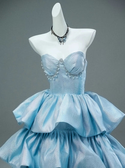 Robe de bal élégante à paillettes bleues, décolleté en cœur, sans manches, idées d'inspiration, robe de bal, robe de remise de diplôme, AU189
