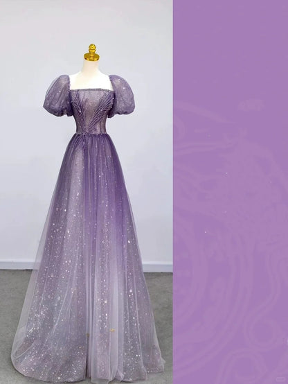 Glitter A Line Square Neck Purple Sequined Prom Dresses Long Evening Party Formal Outfits RB6619