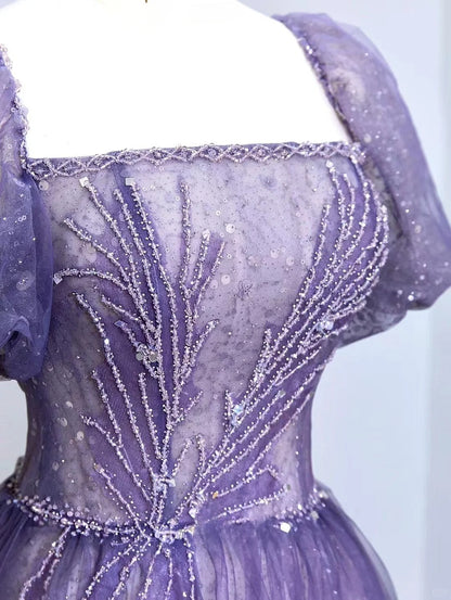 Glitter A Line Square Neck Purple Sequined Prom Dresses Long Evening Party Formal Outfits RB6619