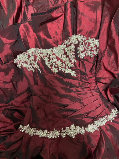 Retro Ball Gown Strapless Wine Red Burgundy Taffeta Long Prom Dresses 80s 70s Prom Gowns AU190